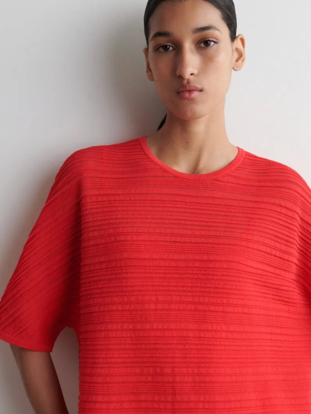 COS Boxy Crew Neck Pleated Cotton Blend Pullover Short Sleeve Mini Dress Red, S - Picture 5 of 12
